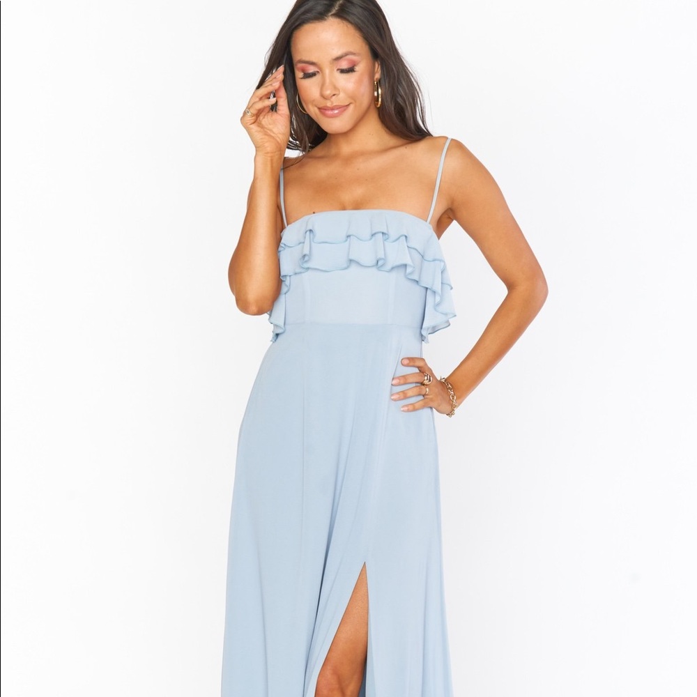 Show Me Your Mumu Blue Maxi Dress Emma Bridesmaid Steel Blue Chiffon Sz Xs - Picture 3 of 13